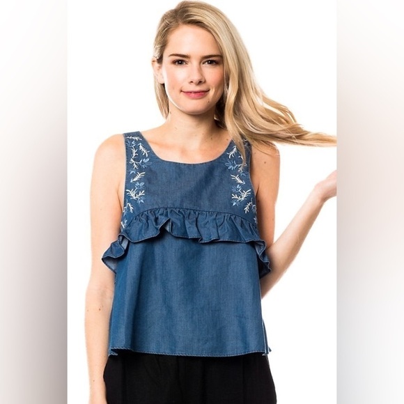 Love Tree Sleeveless Floral Embroidery front ruffle detail Top - Picture 1 of 8